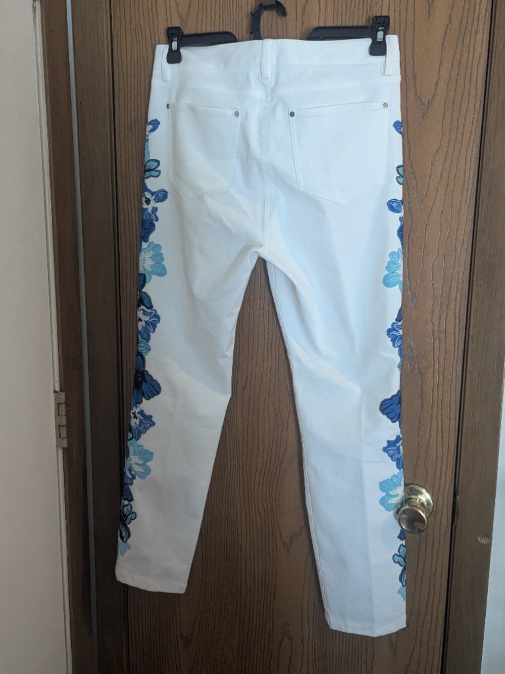 Carlisle White Pants with Blue Floral Embroidered Side Panels - Picture 7 of 7